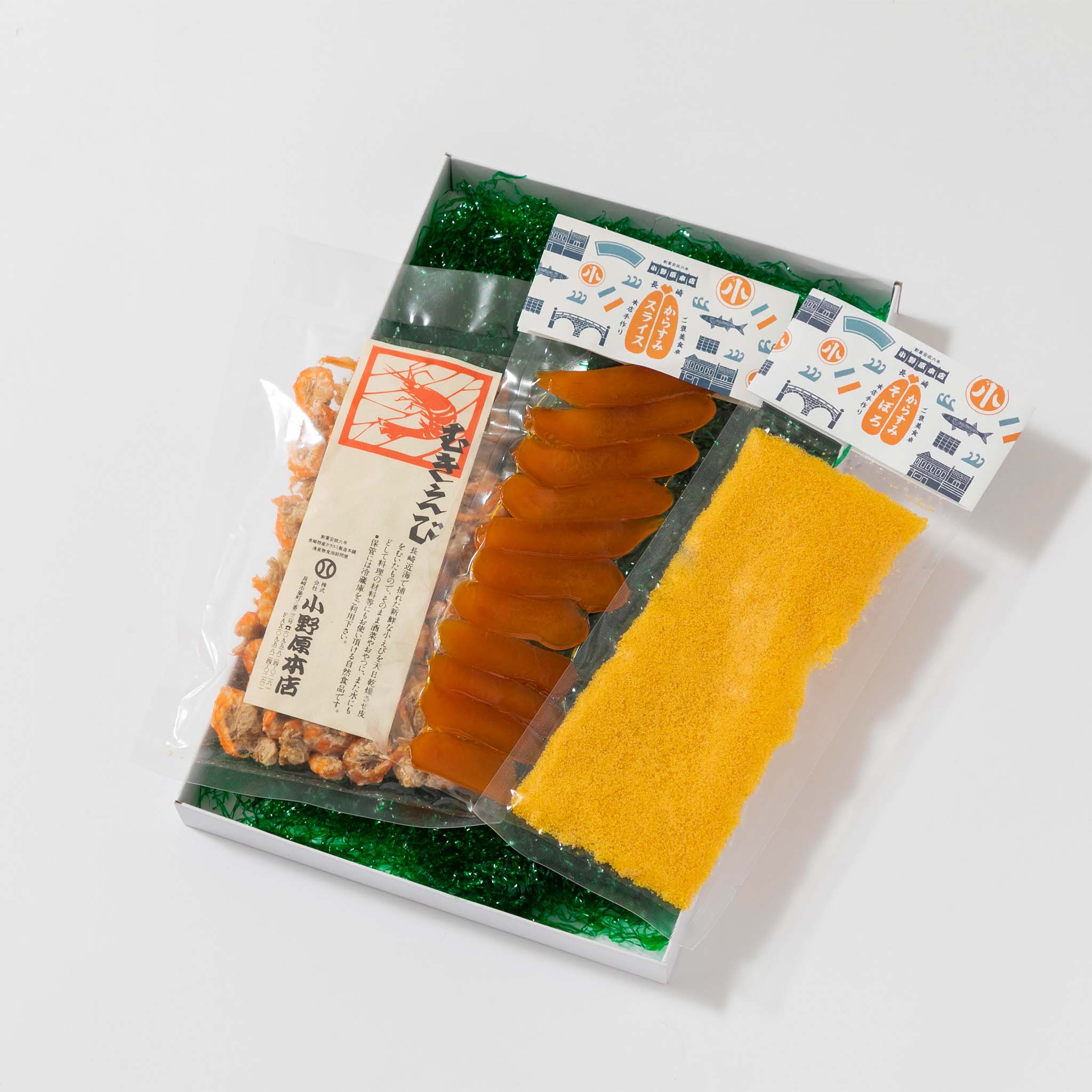 からすみスライス大×1・そぼろ(袋)×1・むきえび×1 紙箱あり