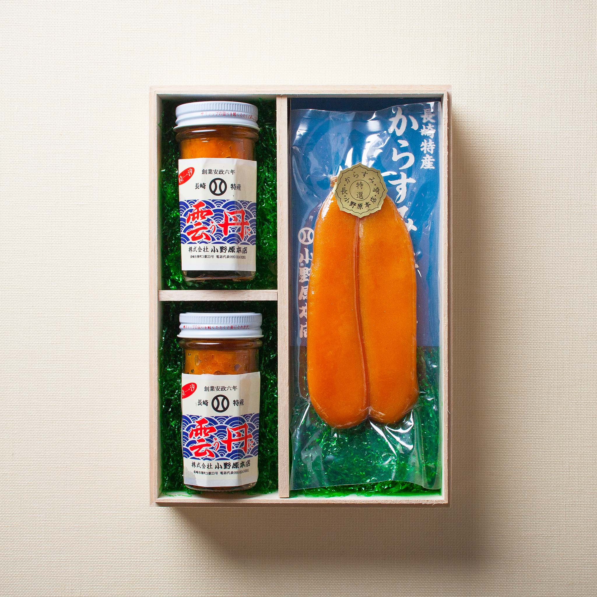 本からすみ・一汐粒うに2本セット（梅）｜からすみセット – 小野原本店